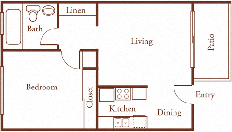 Floor plan for 1 bed, 1 bath, 750 sqft